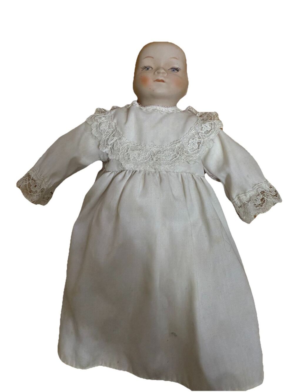 Vintage Bisque Porcelain Blue-eyed Doll Ivory Lacy Dress